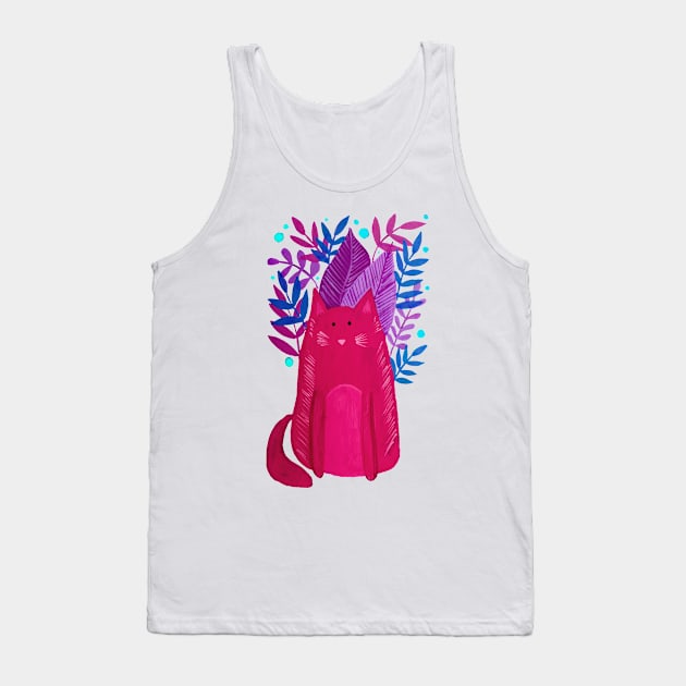 Cat and foliage - pink, purple and blue Tank Top by wackapacka